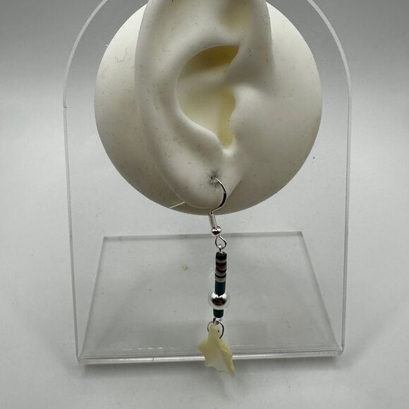 2.25" Revived mother of pearl turtle, turquoise and heishi beaded earrings! - Picture 8 of 12
